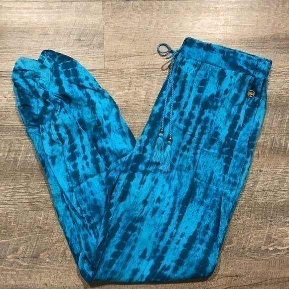 Hawaiian Tropic Pants - Hawaiian Tropic blue batik dyed Palazzo pants size Large